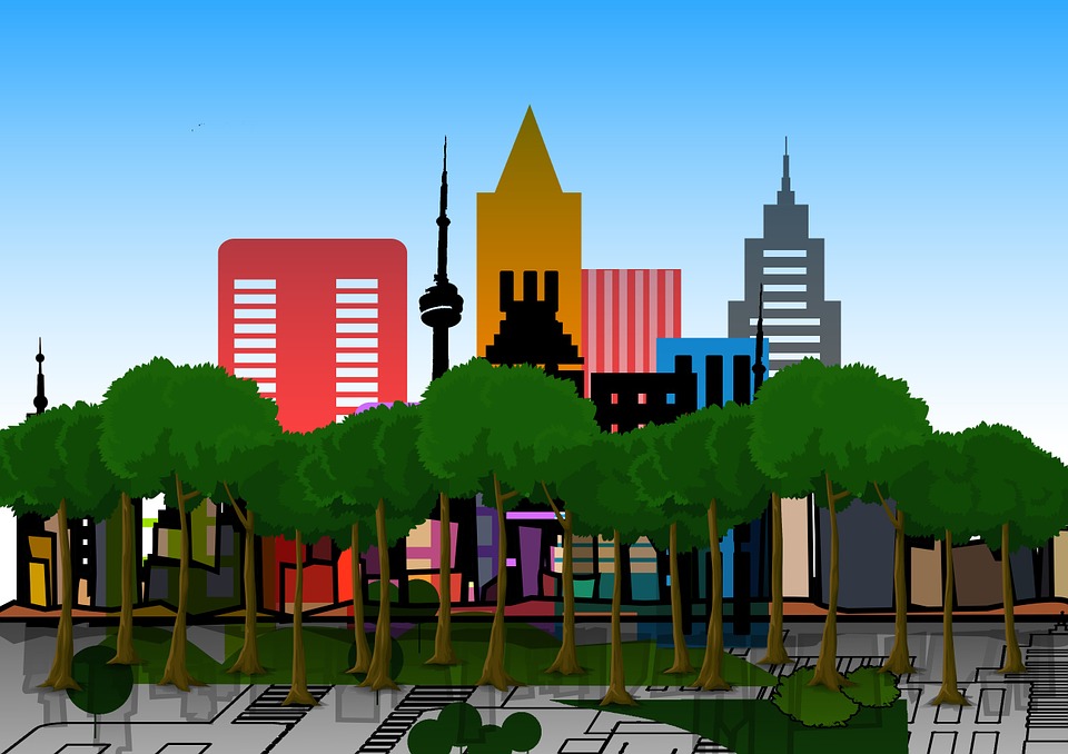 Desenho de cidade com prédios e árvores
