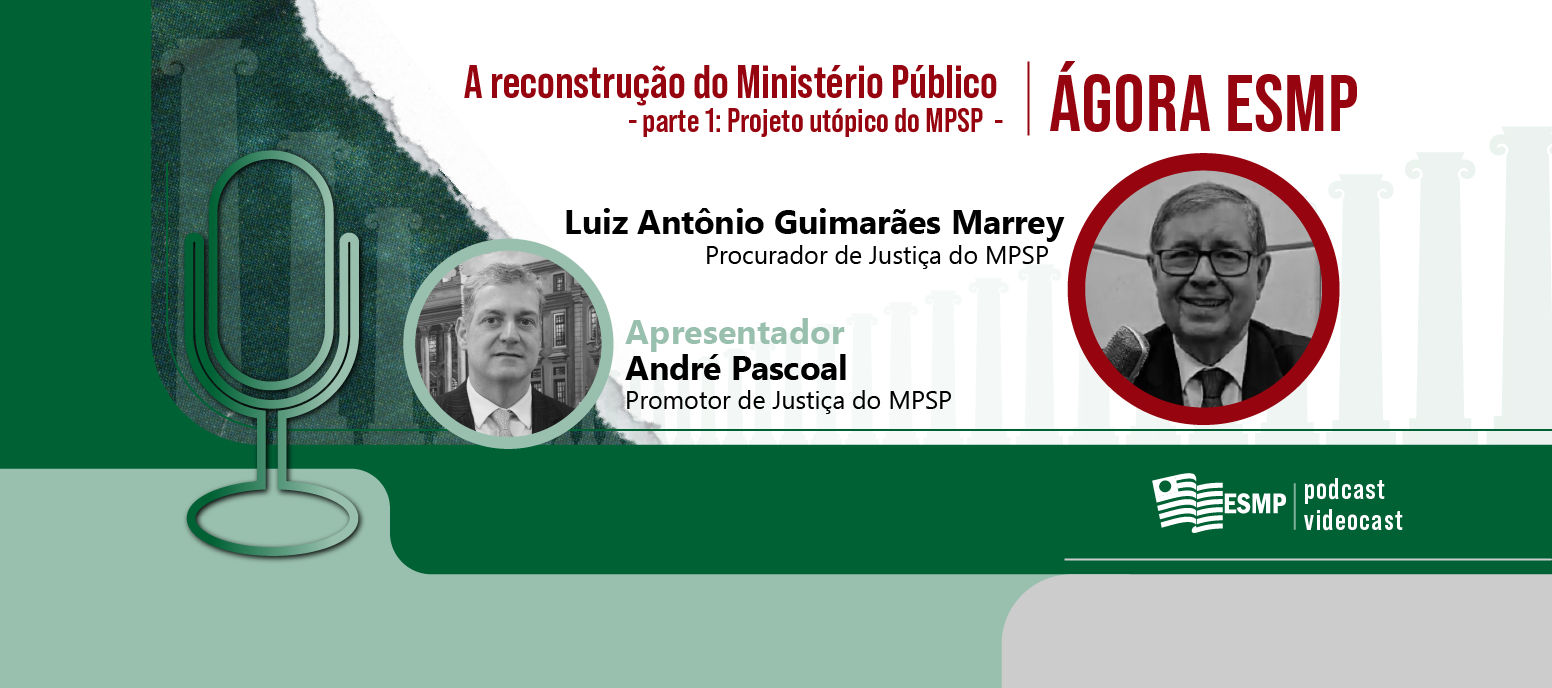 Foto com fundo em tons de verde e branco, com várias colunas gregas em verde bem clarinho, que tem a ilustração de um microfone e foto e nome do entrevistado. Ao lado, está o título do programa. Fim da descrição.