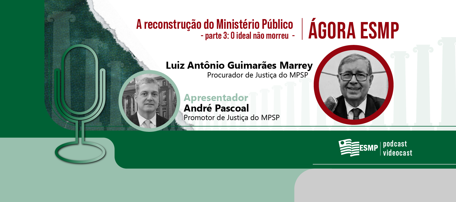 Foto com fundo em tons de verde e branco, com várias colunas gregas em verde bem clarinho, que tem a ilustração de um microfone e foto e nome do entrevistado. Ao lado, está o título do programa. Fim da descrição.