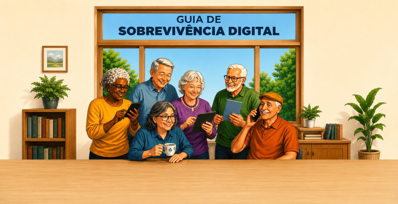 Ilustração mostrando pessoas idosas reunidas e os dizeres "Guia de Sobrevivência Digital"